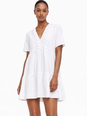 Zara White Babydoll Ruffle Mini Dress Cotton V-Neck - Small